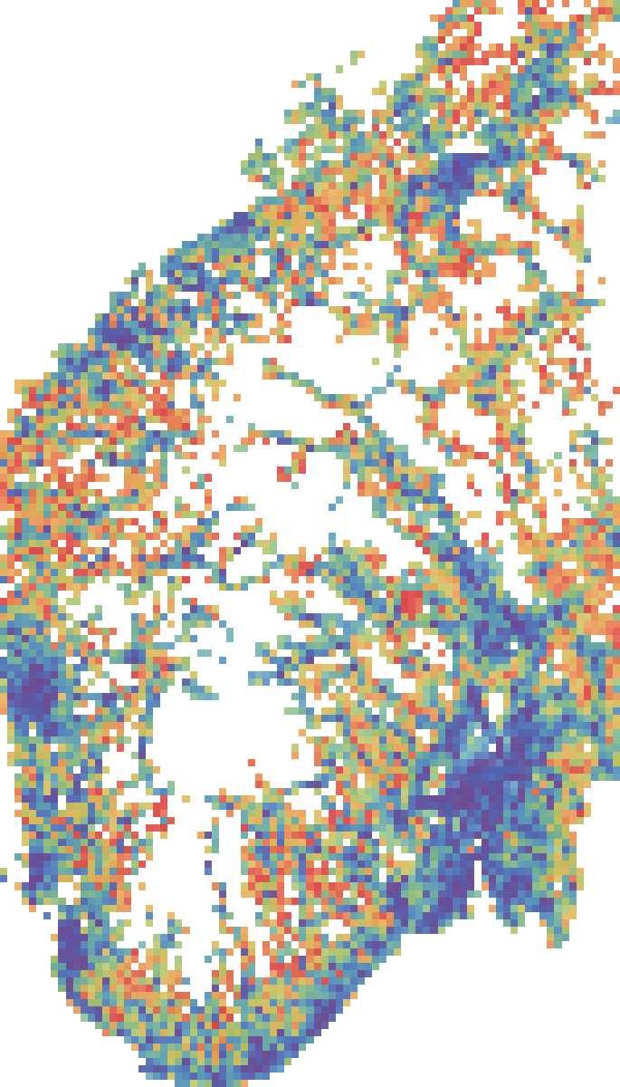 Δ employment (blues: Grid GDP overpredicts, reds: Grid GDP underpredicts)